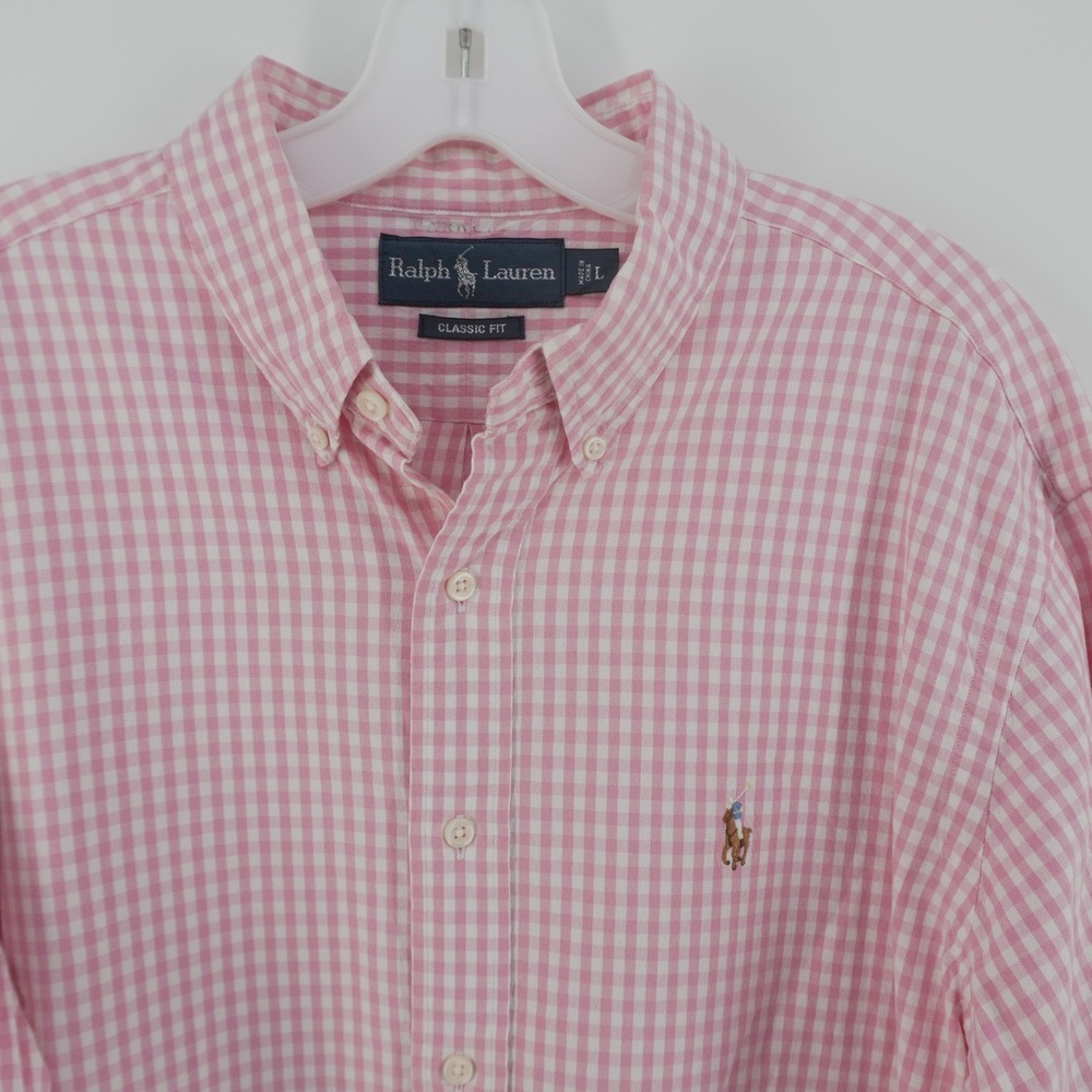 Ralph Lauren Button Down Shirt Mens L Pink Gingham Check Classic Fit Long Sleeve